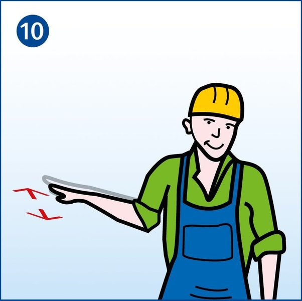 Zu sehen ist ein Arbeiter, der seinen seitlich angewinkelten rechten Arm waagerecht hin- und herbewegt. Das ist das Handzeichen bei Kranarbeiten für „Rechts fahren“.