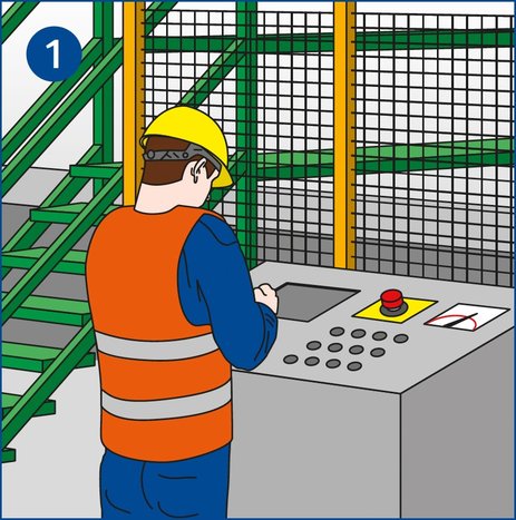 Ein Mitarbeiter steht vor einer Schalteinrichtung einer Anlage und checkt, ob er die Anlage gut genug kennt und weiß, wie sie sicher betrieben wird.