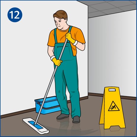 Die Illustration zeigt einen Mann bei der Gebäudereinigung. Er wischt gerade den Flur. Neben ihm steht ein Warnschild, das vor der Rutschgefahr auf dem nassen Boden warnt. Link zur vergrößerten Darstellung des Bildes.