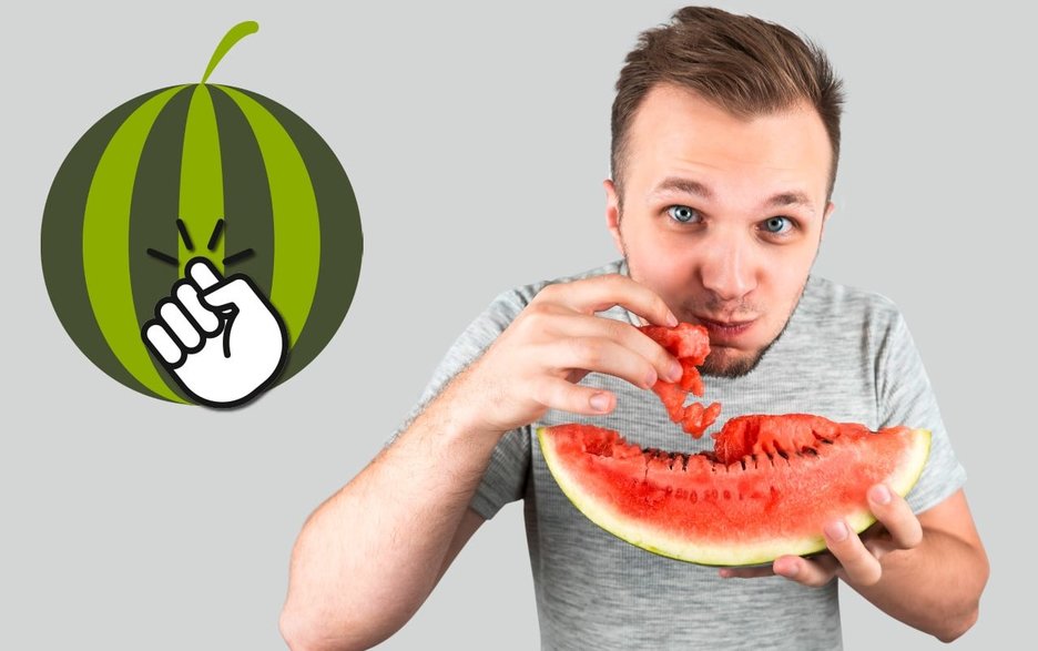 Die Fotomontage zeigt einen Mann, der eine Melone genießt und links daneben eine illustrierte Wassermelone, an der eine Hand klopft.