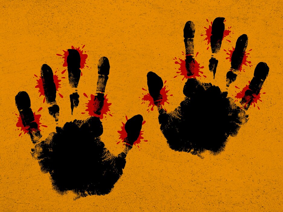 Die Grafik zeigt zwei schwarze Handabdrücke auf orangefarbenem Grund. An allen Fingern der linken und der rechten Hand sind Blutflecke zu sehen. Diese stehen symbolhaft für die möglichen Schnitt- und Stichverletzungen, die bei verschiedenen Tätigkeiten passieren können. Link zur vergrößerten Darstellung des Bildes.