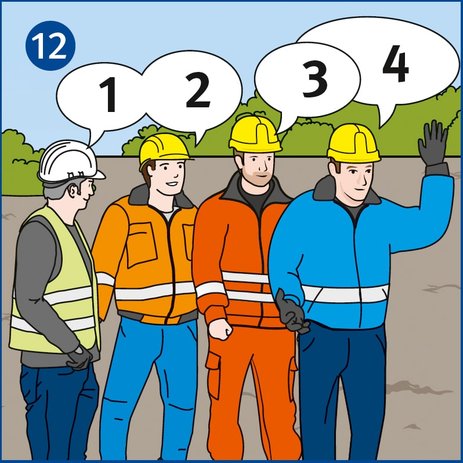 Die Illustration zeigt vier Mitarbeiter, die vor dem Wiedereinschalten der Förderbandanlage checken, ob sie vollzählig sind. Link zur vergrößerten Darstellung des Bildes.