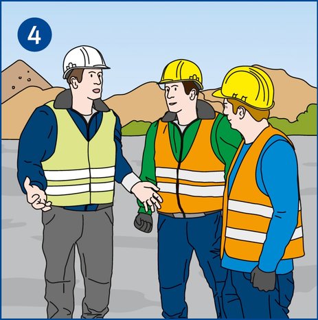 Die Illustration zeigt ein Gespräch mit Führungskraft und zwei Mitarbeitern vor Tätigkeitsbeginn. Hier werden mögliche Risiken und sichere Maßnahmen besprochen.