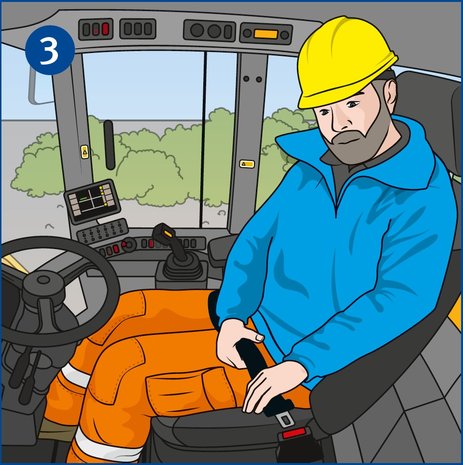 Die Illustration zeigt das Innere einer Fahrerkabine. Ein Erdbaumaschinenführer in Persönlicher Schutzausrüstung ist gerade dabei, sich mit dem vorhandenen Bauchgurt anzuschnallen.