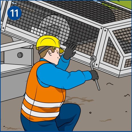 Die Illustration zeigt einen knieenden Mitarbeiter, der nach einer Reparatur die Schutzeinrichtung am Förderband wieder anbringt.