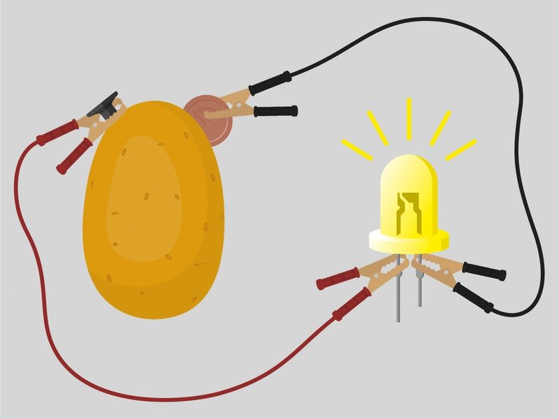 Zu sehen ist eine Illustration mit einer Kartoffel, die Strom erzeugt, wenn man zwei verschiedene Metallstücke hineinsteckt und mit Kabeln verbindet. Der Stromfluss bringt sogar eine Lampe zum Glühen.
