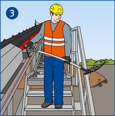 Die Illustration zeigt einen Mitarbeiter in Warnweste, der den Treppenaufgang zum Förderband mit einer Schaufel säubert.