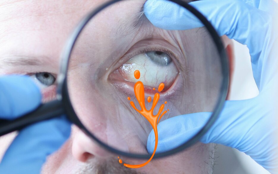 Das Bild verdeutlicht symbolhaft einen Unfall mit einem Gefahrstoff. Es zeigt frontal ein gereiztes Auge eines Mannes durch den Blick einer Lupe. Sein Auge geht dabei nach rechts oben. Die Hände einer Person sind im Vordergrund zu sehen. Die rechte Hand hält das Auge des Mannes auf, während die andere Hand die Lupe hält. Die Hände sind mit blauen Latexhandschuhen geschützt. Es wirkt, als würde ein Arzt das Auge auf Schädigungen untersuchen. Vor der Lupe ist ein orangefarbener illustrativer Spritzer zu sehen. Bei dem Unfall war einem Labormitarbeiter trotz Schutzbrille beim Umfüllen ein Spritzer Salzsäure ins Auge geraten. Die Brille war für die Tätigkeit nicht geeignet, weil sie nicht dicht um die Augen herum anlag. Link zum Artikel.