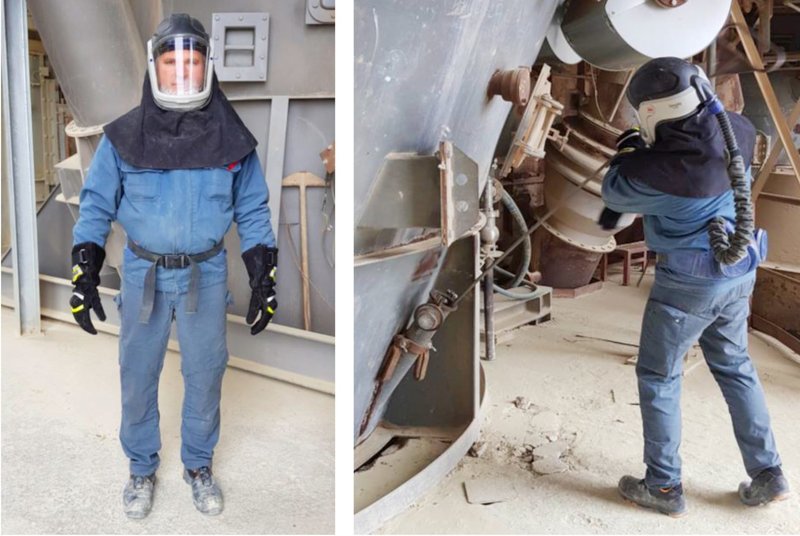 Das Bild zeigt eine Montage aus 2 Fotos. Links ist ein Mitarbeiter von vorn zu sehen in Hitzeschutzkleidung mit belüftetem Helm für Hitzearbeiten am Wärmetauscher im Hochsommer. Rechts arbeitet der Mitarbeiter am Wärmetauscher.