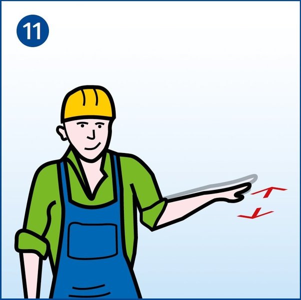 Zu sehen ist ein Arbeiter, der seinen seitlich angewinkelten linken Arm waagerecht hin- und herbewegt. Das ist das Handzeichen bei Kranarbeiten für „Links fahren“.