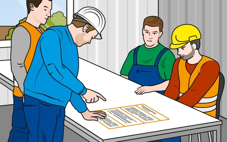 Die Illustration zeigt eine Teambesprechung mit einem Vorgesetzten und drei Mitarbeitern vor Tätigkeitsbeginn. Hier wird vorab geschaut, welche Informationen vorliegen.
