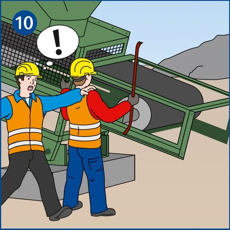 Die Illustration zeigt einen Mitarbeiter am Förderband, der angelaufen kommt, um einen Kollegen davon abzuhalten mit einer Eisenstange am laufenden Band zu hantieren. Link zur vergrößerten Darstellung des Bildes.
