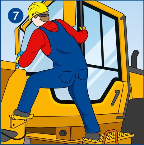 Die Illustration zeigt einen Mitarbeiter von hinten, der außen an der Fahrerkabine eines Radladers steht. Er nutzt mit gespreizten Beinen verschiedene Trittstufen am Radlader, um standsicher die Scheiben seiner Erdbaumaschine zu säubern.