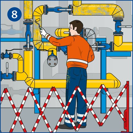 Die Illustration zeigt einen Mitarbeiter seitlich von hinten, der vor einem System miteinander verbundener Rohre steht und diese gelb anstreicht. Die Rohre sind in die Jahre gekommen, so dass die Farbe zum Teil abgeblättert ist. Der Mitarbeiter nutzt für seine Arbeit eine kleine Farbrolle. Aus Sicherheitsgründen hat er ein rot-weißes Absperrgitter aufgestellt, das den Bereich hinter seinem Rücken abgrenzt. Link zur vergrößerten Darstellung des Bildes.