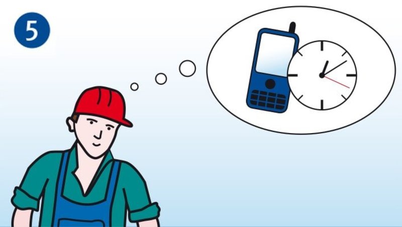 Das Bild zeigt die fünfte der fünf W-Fragen bei der Planung von Reparaturarbeiten. Ein Arbeiter macht sich Gedanken, wann er fertig ist und wem er dies mitteilen muss. Dies wird über eine Denkblase symbolisiert, in der ein Handy und eine Uhr zu sehen sind.