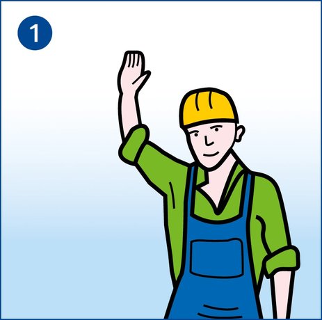 Zu sehen ist ein Arbeiter, der seinen rechten Arm hochhält. Das ist das Handzeichen bei Kranarbeiten für „Anfang, Achtung, Vorsicht“. Link zur vergrößerten Darstellung des Bildes.