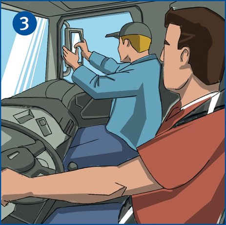 Zu sehen sind zwei Personen in der Fahrerkabine eines Lkw. Der Beifahrer ist gerade dabei, den Seitenspiegel vor Fahrtantritt richtig einzustellen. Link zur vergrößerten Darstellung des Bildes.