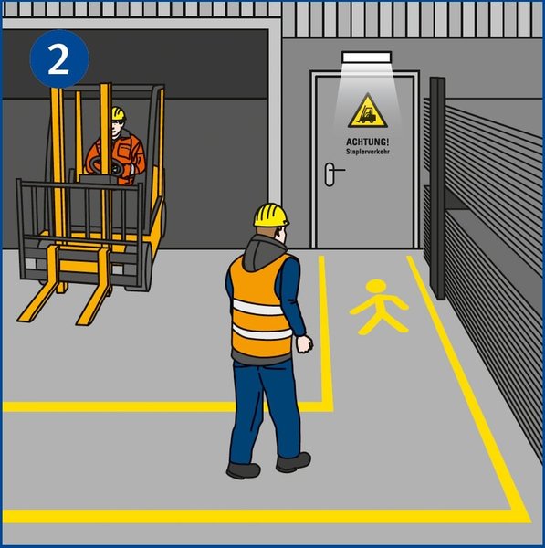 Ein Mitarbeiter läuft auf einem gelb markierten Fußgängerweg durch eine Werkshalle auf eine Tür zu. Links von ihm fährt ein Gabelstapler durch das offene Hallentor. Die getrennten Verkehrswege sorgen für Sicherheit im innerbetrieblichen Verkehr.