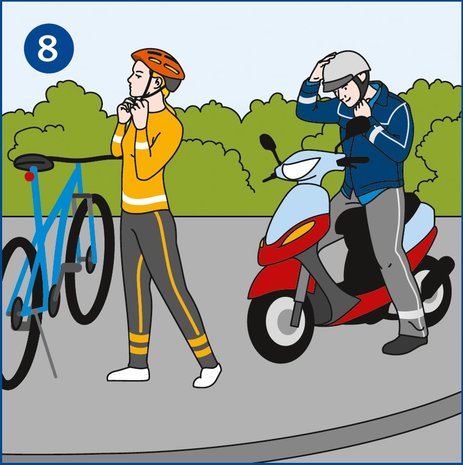 Zu sehen sind eine Radfahrerin und ein Rollerfahrer vor Abfahrt. Beide setzen gerade einen Helm auf und tragen auffällige, reflektierende Kleidung.