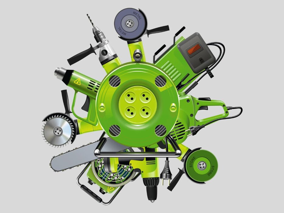 Das Bild zeigt die Bildmontage einer grünen Kabeltrommel, aus der viele verschiedene elektrische Geräte herausgucken. Dabei sieht es so aus, als wären alle Geräte mit der Kabeltrommel verbunden. Dies verdeutlicht das einwandfreie Zusammenspiel.