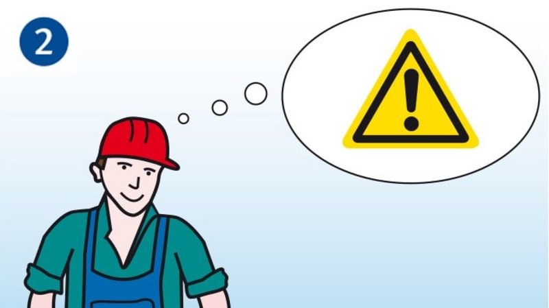 Das Bild zeigt die zweite der fünf W-Fragen bei der Planung von Reparaturarbeiten.Ein Arbeiter macht sich Gedanken, welche Gefährdungen vorhanden sind. Dies wird über eine Denkblase symbolisiert, in der ein Achtung-Warnschild zu sehen ist. 