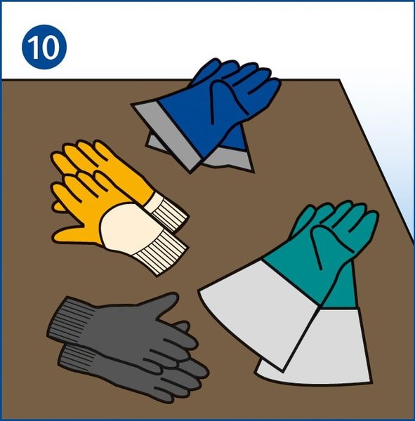 Auf einem Tisch liegen vier verschiedene Paar Schutzhandschuhe für unterschiedliche Einsatzbereiche in verschiedenen Materialien, Größen, Formen und Farben.