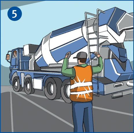 Der Fahrer eines Betonfahrmischers will rückwärts rangieren. Dabei hilft ihm ein Einweiser mit orangefarbener Warnweste, indem er ihm Zeichen gibt. Link zur vergrößerten Darstellung des Bildes.