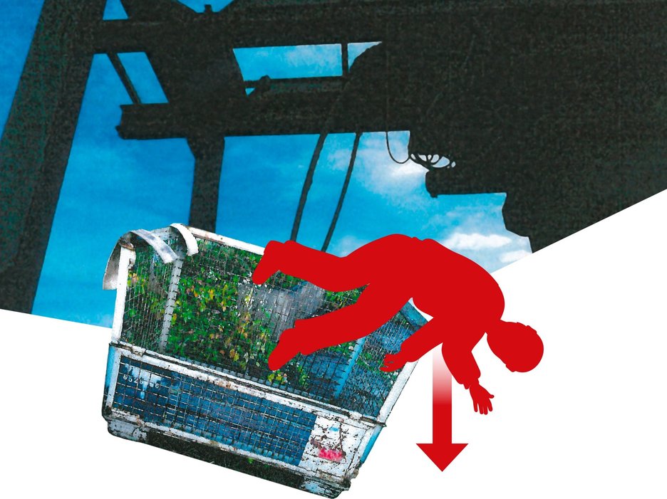 Die Bildmontage verdeutlicht einen Unfall, bei dem ein Mitarbeiter aus einer unzulässigen, am Gabelstapler hochgefahrenen Gitterbox abstürzte. Link zur vergrößerten Darstellung des Bildes.