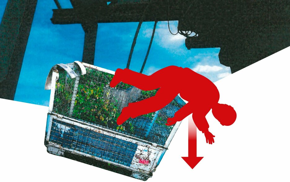 Die Bildmontage verdeutlicht einen Unfall, bei dem ein Mitarbeiter aus einer unzulässigen, am Gabelstapler hochgefahrenen Gitterbox abstürzte.  Link zum Artikel.