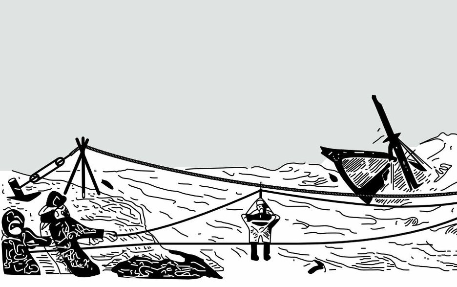 Die Schwarz-Weiß-Illustration zeigt, wie die Hosenboje das Retten Schiffbrüchiger über eine Leinenverbindung zwischen Küste und Schiff ermöglicht. Die Hosenboje besteht aus einem Rettungsring mit angenähter Hose. Wie eine Schwebebahn wird diese an einem Seil hin und her gefahren. Link zum Artikel.