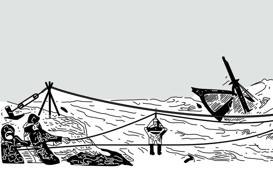 Die Schwarz-Weiß-Illustration zeigt, wie die Hosenboje das Retten Schiffbrüchiger über eine Leinenverbindung zwischen Küste und Schiff ermöglicht. Die Hosenboje besteht aus einem Rettungsring mit angenähter Hose. Wie eine Schwebebahn wird diese an einem Seil hin und her gefahren.