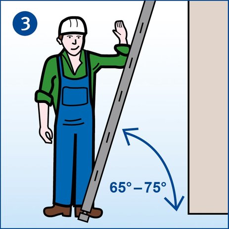 Ein Mitarbeiter prüft mit seinem rechtwinklig ausgestreckten Arm, den richtigen Anlegewinkel seiner aufgestellten Anlegeleiter. Link zur vergrößerten Darstellung des Bildes.