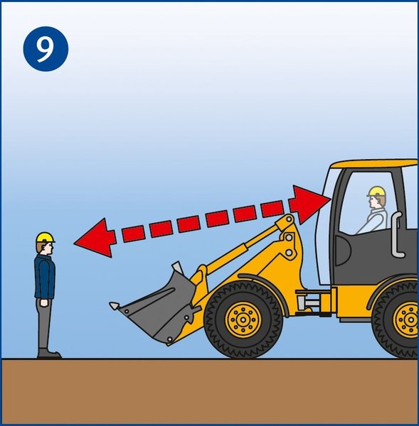 Ein Mitarbeiter steht als Fußgänger vor einem Radlader und schaut den Fahrer in der Kabine an. Ein roter, gestrichelter Pfeil unterstreicht den Blickkontakt der beiden. Dieser ist die Grundlage für das Vermeiden von Unfällen. 