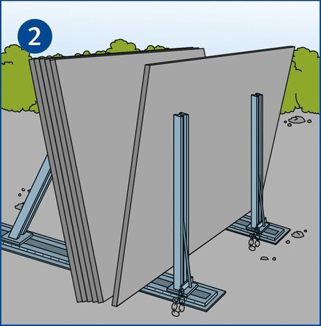 Im Rungenlager werden schwere Betonplatten so aufgestellt, dass sie im richtigen Winkel standsicher und seitlich abgestützt stehen.