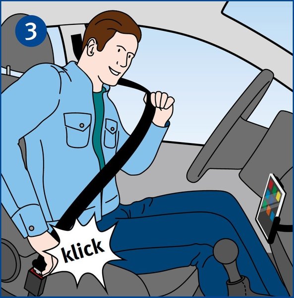 Ein Mann sitzt im Auto und schnallt sich gerade an. Das Klick-Geräusch ist mit einer auffälligen Sprechblase dargestellt.