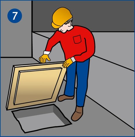 Ein Mitarbeiter sichert eine Bodenöffnung, indem er den Deckel zuklappt.