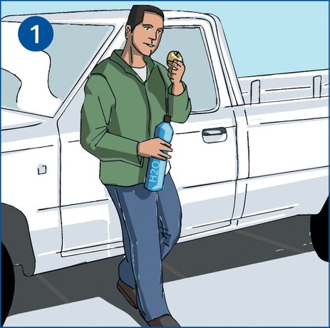 Der Fahrer eines Pickup-Transporters lehnt am Fahrzeug und macht Pause. Dabei isst und trinkt er. Link zur vergrößerten Darstellung des Bildes.