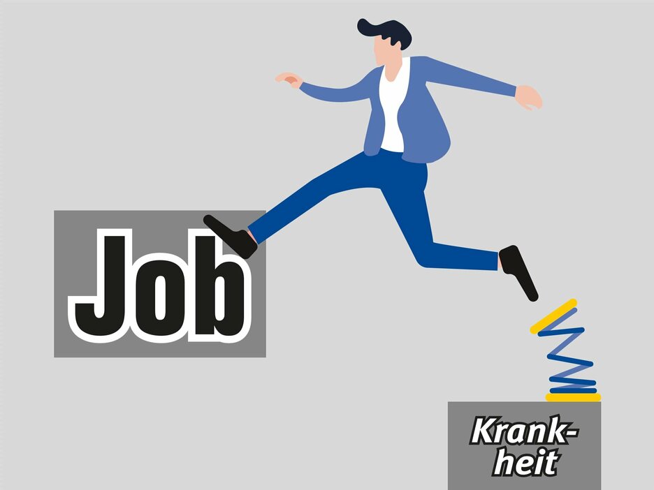 Die Illustration zeigt einen Mann, der mithilfe einer Feder einen großen Sprung nach vorn zurück ins Arbeitsleben macht. Er startet dabei vom Thema Krankheit aus, das als grauer Würfel dargestellt ist. Sein rechter Fuß hat das Wort „Job“ schon erreicht.
