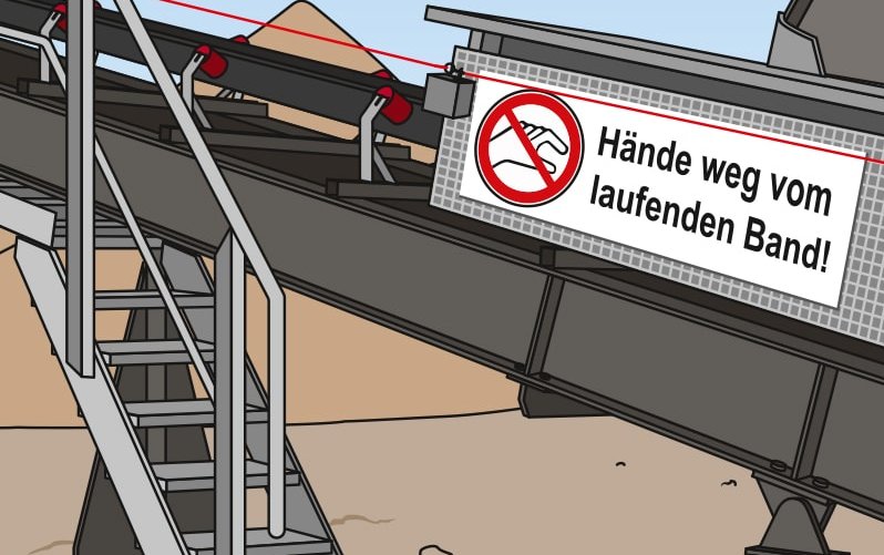 Die Illustration zeigt eine Förderbandanlage von der Seite mit Treppenaufgang. Am Förderband hängt ein Schild mit dem Hinweis „Hände weg vom laufenden Band“. Link zum Artikel.