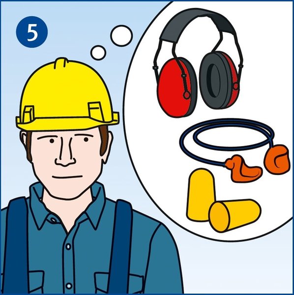 Die Illustration zeigt einen Mitarbeiter, der vor Tätigkeitsbeginn die geeignete Persönliche Schutzausrüstung bedenkt. Dies wird mit einer Denkblase symbolisiert, in der sowohl Kapselgehörschützer, eine Otoplastik und zwei Gehörschutzstöpsel zu sehen sind.
