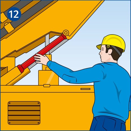 Die Illustration zeigt einen Mitarbeiter bei Wartungsarbeiten an einer Erdbaumaschine. Er sichert das Knickgelenk mit einer roten Manschette gegen Absenken.
