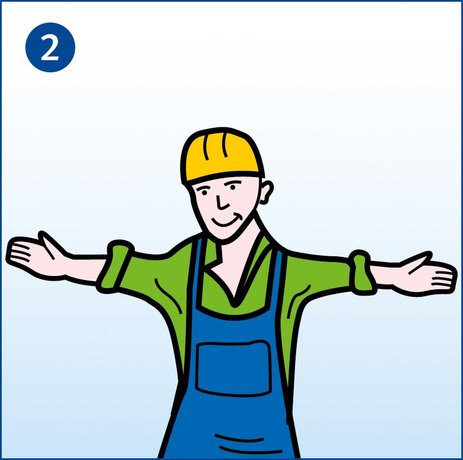 Zu sehen ist ein Arbeiter, der beide Arme waagerecht nach rechts und links ausstreckt. Das ist das Handzeichen bei Kranarbeiten für „Halt, nicht weiterbewegen“. Link zur vergrößerten Darstellung des Bildes.