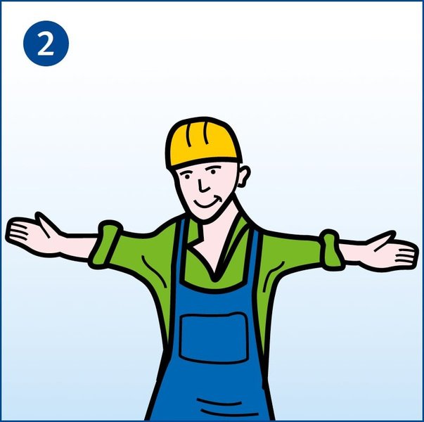 Zu sehen ist ein Arbeiter, der beide Arme waagerecht nach rechts und links ausstreckt. Das ist das Handzeichen bei Kranarbeiten für „Halt, nicht weiterbewegen“.