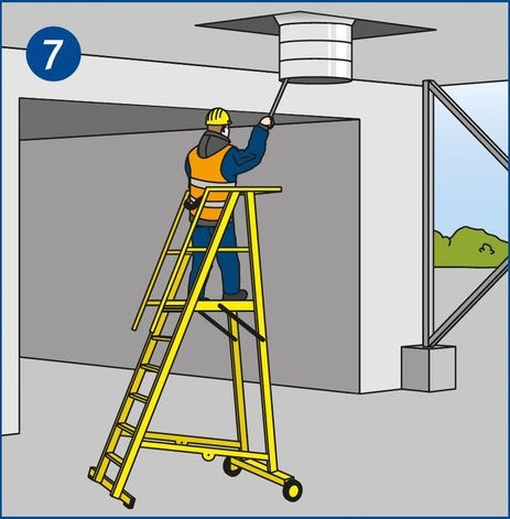 Ein Mitarbeiter steht auf einer sicheren Podestleiter unter einem Siloauslauf und stochert die Öffnung frei. Link zur vergrößerten Darstellung des Bildes.