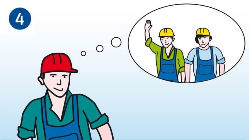 Das Bild zeigt die vierte der fünf W-Fragen bei der Planung von Reparaturarbeiten.Ein Arbeiter macht sich Gedanken, wer Bescheid weiß und ihm helfen kann. Dies wird über eine Denkblase symbolisiert, in der zwei Kollegen zu sehen sind.