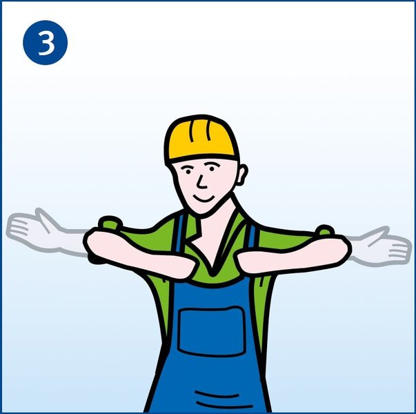 Zu sehen ist ein Arbeiter, der abwechselnd beide Arme vor der Brust mit den Fäusten zusammenführt und dann waagerecht nach rechts und links mit geöffneter Handfläche ausstreckt. Das ist das Handzeichen bei Kranarbeiten für „Halt, Gefahr“.