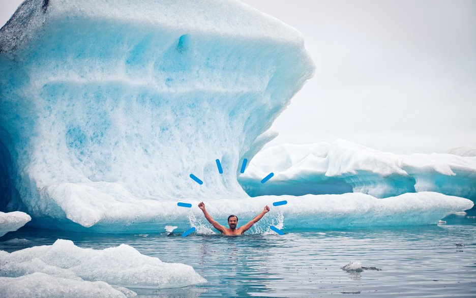 Das Bild zeigt den Extremsportler Wim Hof beim Schwimmen zwischen Eisbergen. Er hält vielfache Rekorde in Eis und Schnee. Link zum Artikel.