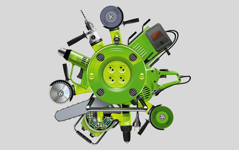 Das Bild zeigt die Bildmontage einer grünen Kabeltrommel, aus der viele verschiedene elektrische Geräte herausgucken. Dabei sieht es so aus, als wären alle Geräte mit der Kabeltrommel verbunden. Dies verdeutlicht das einwandfreie Zusammenspiel.