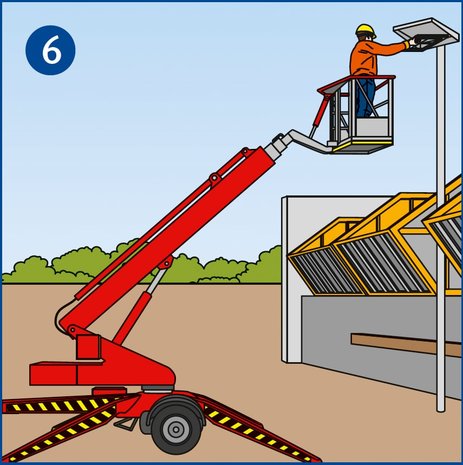 Die Illustration zeigt einen Mitarbeiter, der in größerer Höhe eine Lampe repariert. Er hat einen sicheren Standplatz in der eingesetzten Hubarbeitsbühne. Link zur vergrößerten Darstellung des Bildes.