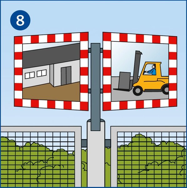 Zu sehen ist ein rot-weiß-umrandeter Doppelspiegel, der Einsicht gibt in den Verkehrsweg nach links und nach rechts.